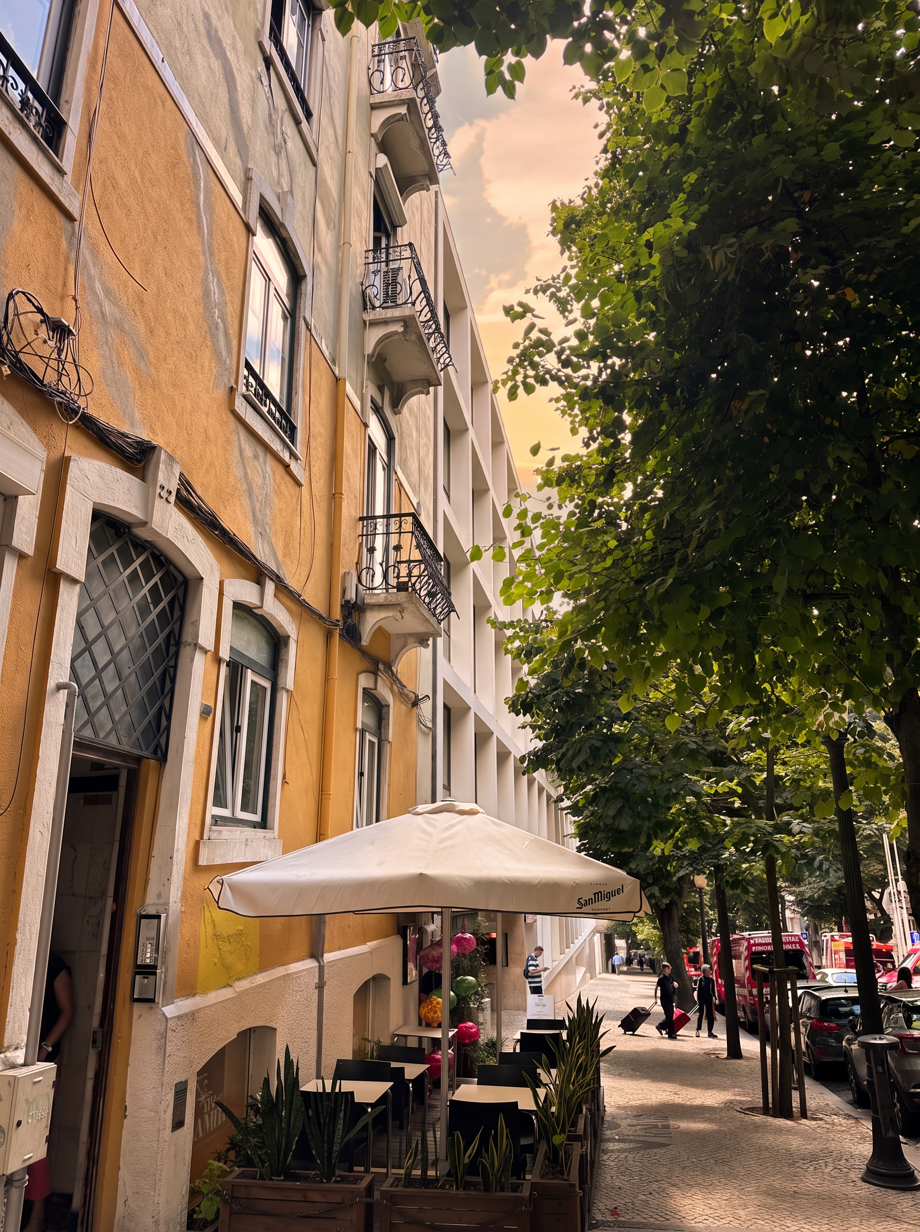 Tree-lined Lisbon street outside Rua Camilo Castelo Branco 22 at golden hour