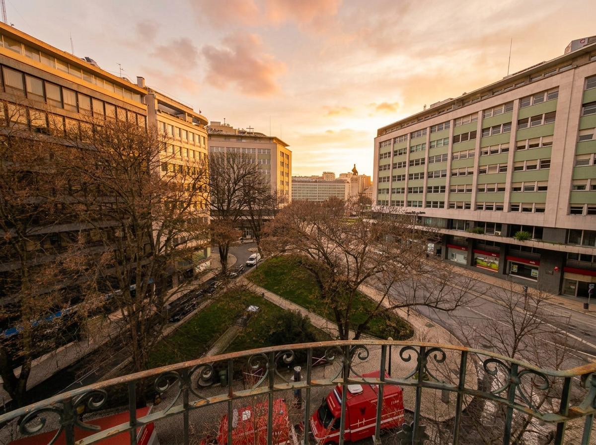 Sunset view over Praça Marquês de Pombal from the apartment's balcony